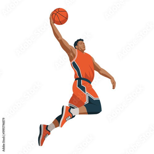 Basketball player stretches his arm upward to secure the ball while airborne in a high jump sequence that demonstrates incredible athletic ability and focus during a fast paced sporting event.