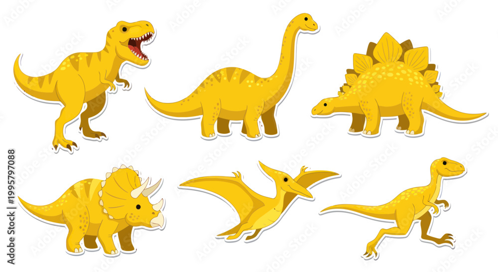 Obraz premium Set of Yellow Cartoon Dinosaurs: T-Rex, Brontosaurus, Stegosaurus, Triceratops, Pterodactyl, Raptor
