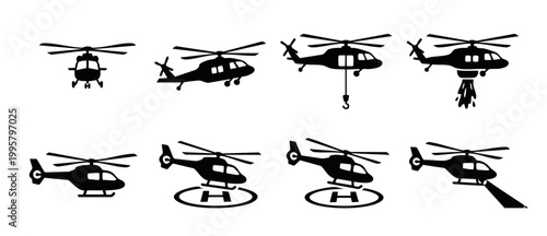 Helicopter Icon Set Black Silhouette Collection for Aviation and Emergency Services - Vector Graphic Symbols for Transport, Rescue, Search and Rescue Missions, Air Traffic, and Flying Aircraft Illustr
