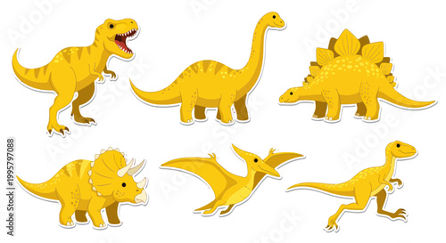 Set of Yellow Cartoon Dinosaurs: T-Rex, Brontosaurus, Stegosaurus, Triceratops, Pterodactyl, Raptor