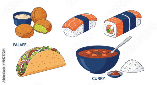 Diverse Food Collection: Sushi, Falafel, Curry, Taco, and Rice Illustration