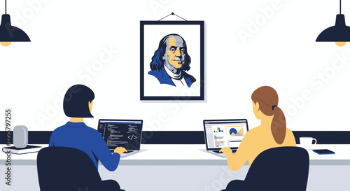 Diverse team coding and analyzing data in modern office with Benjamin Franklin portrait