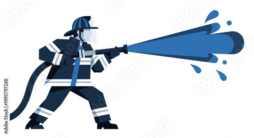 Firefighter spraying water from hose, safety, emergency response, professional illustration
