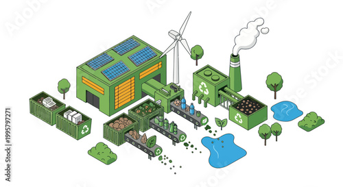 Eco-friendly factory with solar panels and wind turbine, recycling process