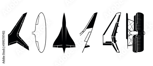 Airplane Wing Evolution Collection: Aircraft Aerodynamics Icons Set from Vintage Biplane to Modern Jet Fighter Silhouette Design for Aviation Technology Engineering and Aerospace Industry Concepts