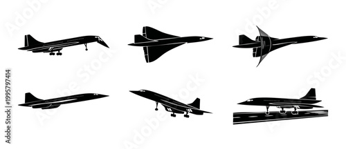 Supersonic Passenger Jet Plane Silhouette Set, Concorde Style Aircraft Icons in Different Flight Positions, Takeoff Landing and Cruising Speed for Aviation Design and Transportation Vector Illustratio