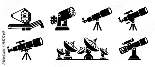 Telescope icon set for astronomy and space observation research, featuring professional optical equipment, radar dishes, and orbital observatory technology for scientific exploration and galaxy studie