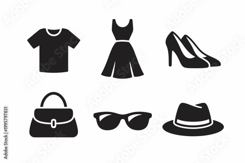 Fashion icons set: dress, heels, t-shirt, handbag, sunglasses, hat silhouettes
