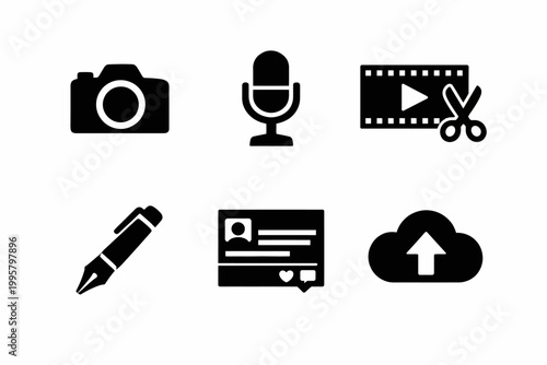 Multimedia icons: camera, microphone, video, pen, social media, cloud