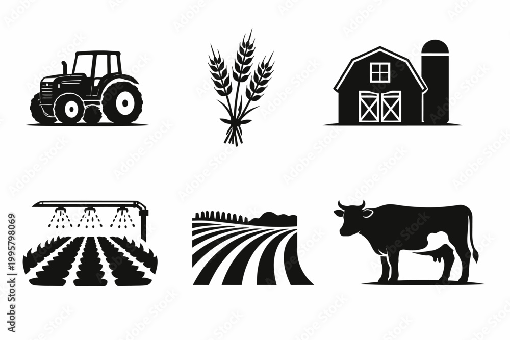 Naklejka premium Agricultural icons: tractor, wheat, barn, irrigation, fields, cow silhouettes