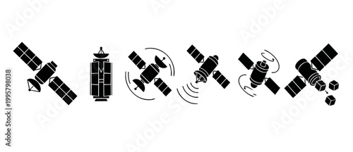 Satellite icon set, artificial space station communication symbols, orbital research technology, telecommunication transmitter, cosmic navigation modules, global internet connectivity, vector flat des