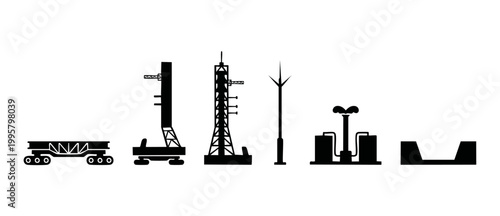 Space Rocket Launch Pad Silhouette Set, Aerospace Ground Support Equipment Icons, Launch Vehicle Transport And Infrastructure Vectors For Engineering Projects, Mission Control Infrastructure Design El