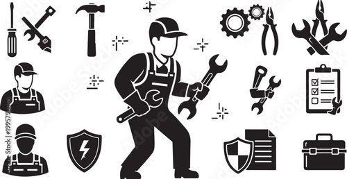 Mechanic Tools and Safety Icons Vector Illustration Set