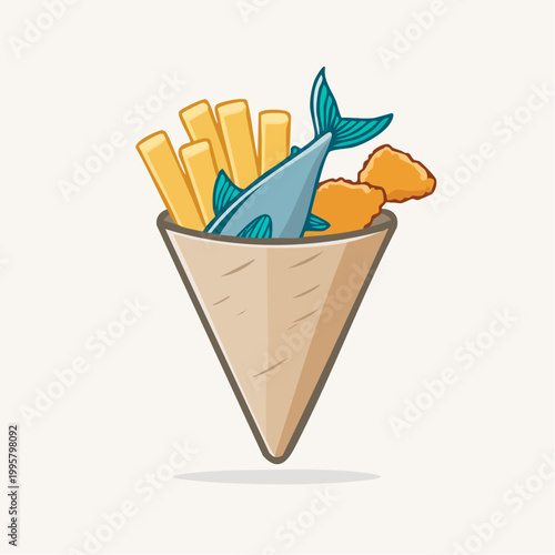 Cartoon Fish and Chips in a Cone
