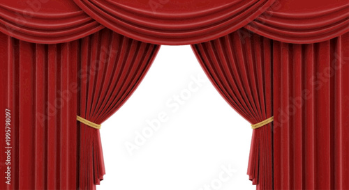 Vector illustration of red theater stage curtains with gold tiebacks on a transparent background
