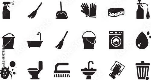 Cleaning Supplies and Household Icons in Black