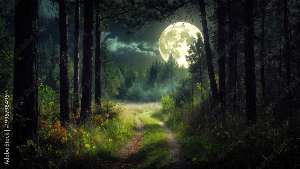Fototapeta premium Forest track lit by large moon over grassy clearing