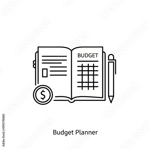 budget planner outline icon, black and white single line vector, clean stroke finance planning symbol, isolated flat design