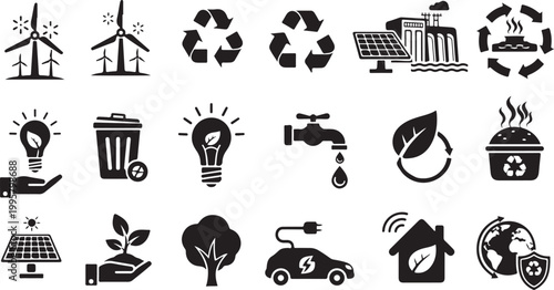 Eco Friendly Sustainable Living Icons and Symbols Set