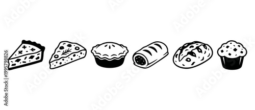 Bakery Food Icons Set, Pastry Pie Muffin Bread Illustration, Hand Drawn Black And White Design Elements For Restaurant Menu, Café Branding, Culinary Labels And Web Graphic Decorative Food Symbols.