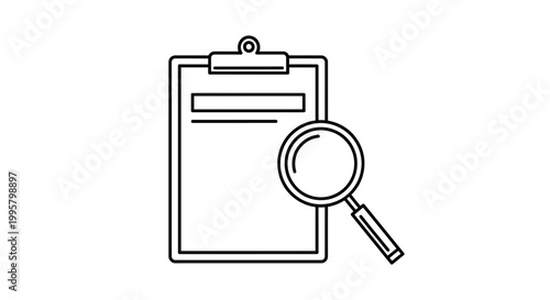 Line icon of clipboard with magnifying glass.