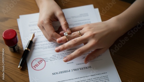 Obraz na plátně A close-up view of a person taking off their diamond engagement ring above a legal document stamped as filed, symbolizing the process of divorce or separation