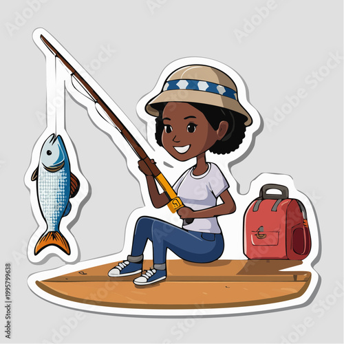 Cartoon Girl Fishing with a Catch