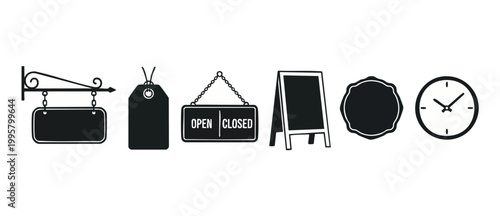 Shop Signage Icons Collection, Open Closed Business Boards and Time Clock Vector Set for Retail Store Branding, Minimalist Black Graphic Elements for Marketing Displays, Promotional Tags and Chalkboar