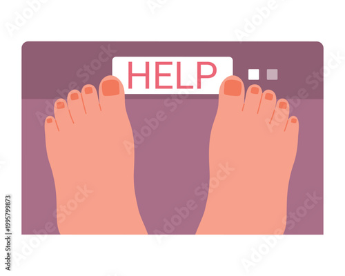 Feet on weight scale with help instruction. Weight loss program, diet plan cartoon vector illustration