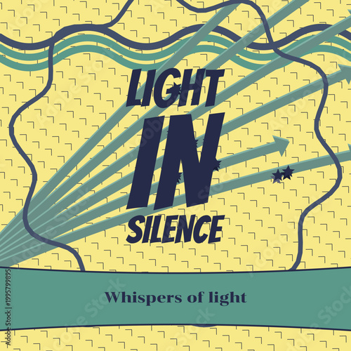LIGHT IN SILENCE winter solstice sun typography wave edge border, arrow burst, curved text frame, curved slogan band, circle outline grid edge accents, ticket stub