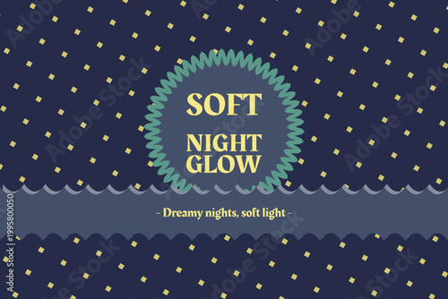 SOFT NIGHT GLOW winter solstice sun typography clean background, shield crest, curved text frame, wave strip, square texture