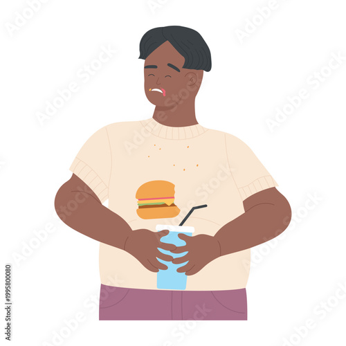 Fat boy eating fast food. Overweight man with junk food, weight loss diet cartoon vector illustration