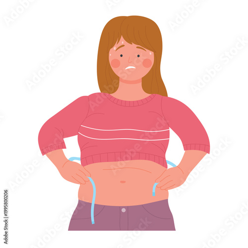 Overweight woman with measuring tape. Unhappy plus size woman cartoon vector illustration