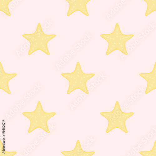 Seamless summer pattern with yellow starfish drawn by hand on a pastel background.