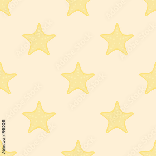 Seamless pattern with starfish on a pastel background, hand drawn. Perfect for textiles, children's clothing and other fun projects.