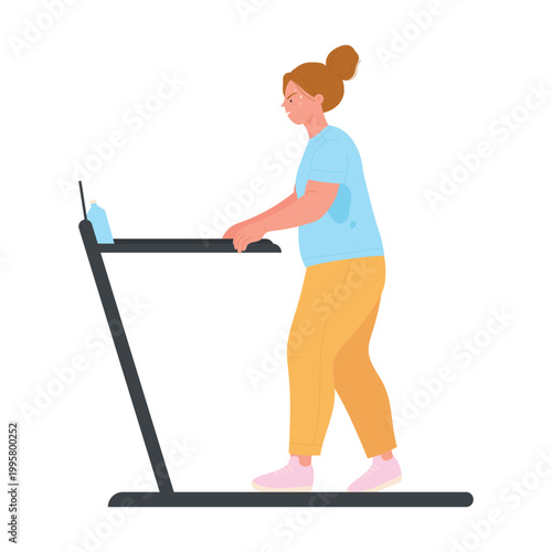 Obese woman running on treadmill. Overweight lady doing cardio cartoon vector illustration