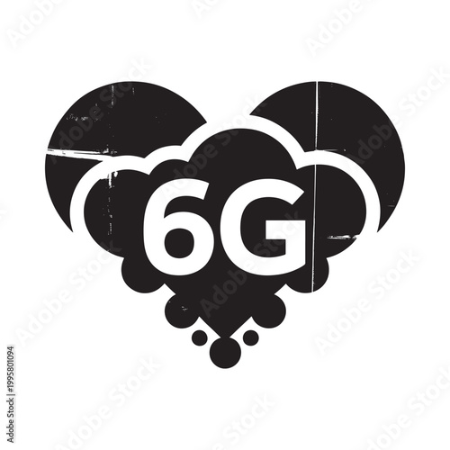A stylized black and white graphic featuring a heart shaped cloud encompassing the letters 6g high quality