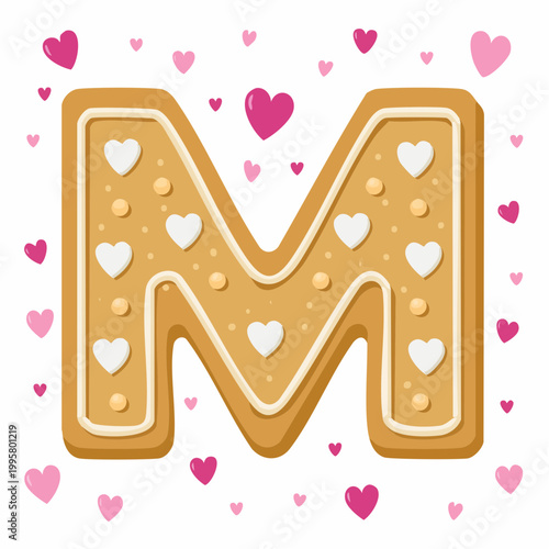 Gingerbread Letter M Decorated with Hearts and Icing