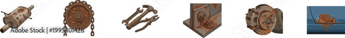 Set of rusty metal mechanical parts and tools icons.