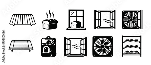 Bakery Cooling Process Icon Set, Bread Cooling Rack and Ventilation Symbols, Industrial Food Production and Kitchen Equipment Graphics for Baking Industry Infographics, Commercial Bakery Workflow Elem