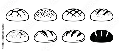 Bread Loaf Icons Set - Bakery Outline and Silhouette Collection for Menu Design, Fresh Organic Food Symbols, Sourdough and Whole Grain Bread Illustrations Isolated on White Background for Branding Ass