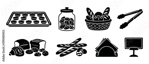 Bakery and Pastry Icon Set, Black Silhouettes for Food Industry Design, Cooking Utensils and Bread Collection, Graphic Elements for Menu, Catering, Restaurant Branding and Culinary Website Illustratio
