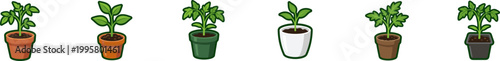 Set of vector icons showing small potted plants.
