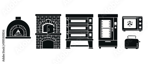 Industrial Oven and Bakery Equipment Icon Set for Professional Kitchens, featuring wood-fired ovens, deck ovens, convection ovens, and kitchen appliance symbols for culinary design and food production