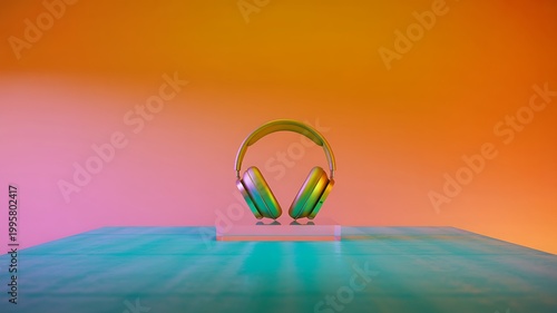 A visually striking representation of premium headphones displayed on a minimalist platform with vibrant color gradients.