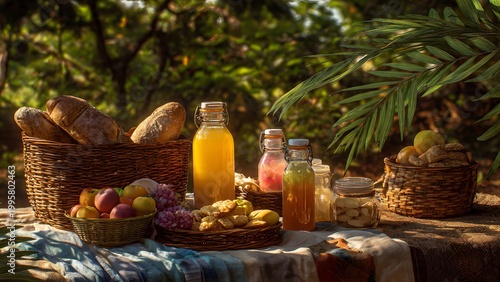 Complete Picnic Arrangement with Bread and Juice Bottles