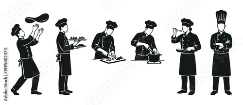 Professional Chef Silhouette Set, Cooking And Kitchen Staff Icons, Restaurant Character Collection For Culinary Design Projects, Food Service Workers In Uniform Preparing And Serving Gourmet Meals