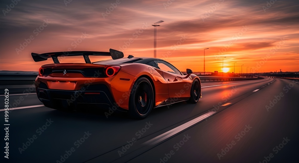 Fototapeta premium A vibrant orange supercar driving on an open road during a dramatic sunset. The warm lighting and wide road perspective create a powerful sense of freedom, speed, and luxury travel.