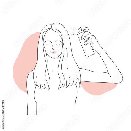 Woman using hair spray. Hairstyle fixation spray, washing hair routine line vector illustration