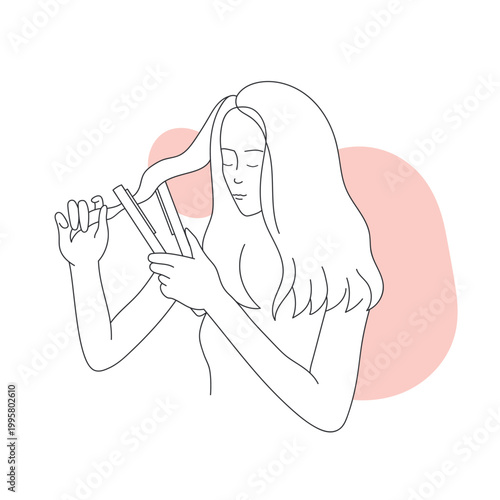 Woman curling hair with iron. Hair styling routine, washing hair steps line vector illustration